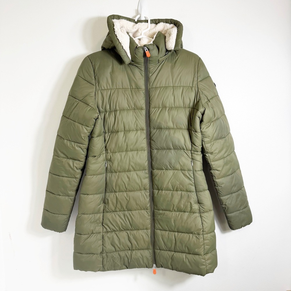 Save The Duck Giga Puffer Jacket Women 3 M/L Green Sherpa Lined Hooded Long Coat